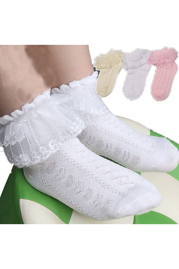 3 Pack ‌Spring Toddler Socks Solid Color Eyelet Socks‌ Double Ruffle Breathable Dance Socks 1-12Y