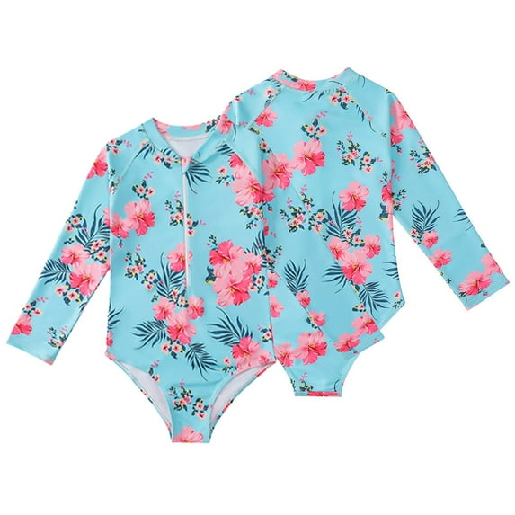 LYMAYTER 4-12T Girls Rash Guard One Piece Swimsuits Stripes Long Sleeve Zipper Bathing Suits UPF 50+/Sun Protection Tropical Plant Flowers Swimwear