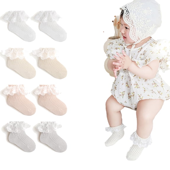 LYMAYTER 4 Pack Kids Girls Socks Toddler Ruffle Soft Eyelet Mesh Dress for Princess Socks 0-8Y