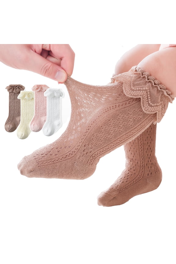 4 Pack ‌Toddler Knee High Socks Baby Girls Long Tube Mesh Socks Frilly Ruffle Dress Socks 0-3Y