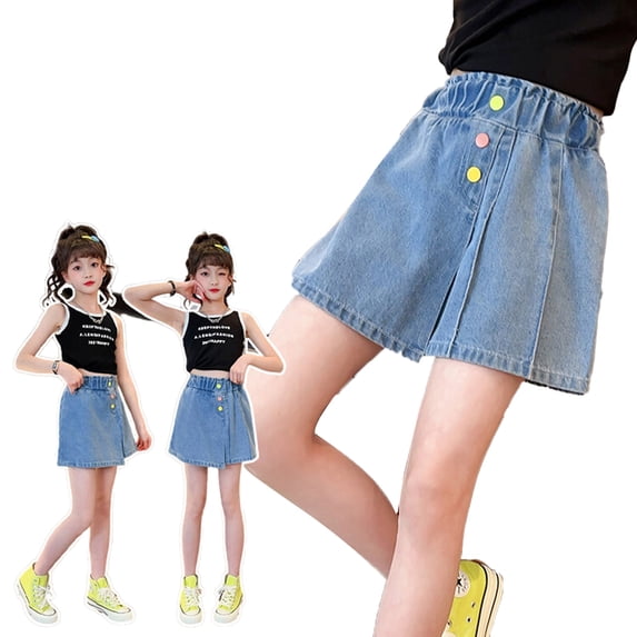 LYMAYTER 5-14Y Girls Teen Girls Button Front Denim Skort A Line Casual Summer Regular Fit Skort