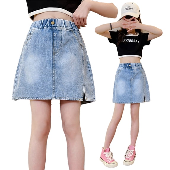 LYMAYTER 5-16Y Kids Girls Denim Skirt Summer Split Elastic Waist Casual Fashion Mini Skirt