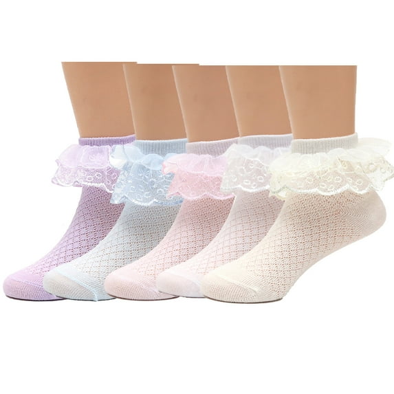 LYMAYTER 5 Pack Dress Socks for Kids Girls Cute Solid Color Ankle Socks Double Ruffle Princess Socks 1-13Y