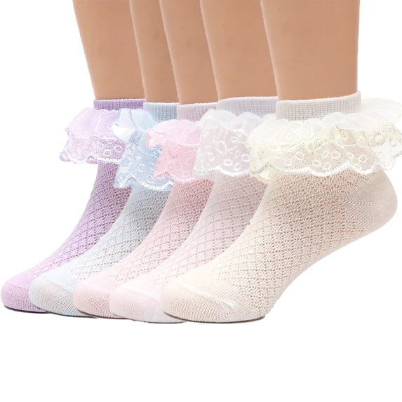 LYMAYTER 5 Pack Toddler Dress Socks Summer Kids Girls Ruffle Ankle Socks Mesh Princess Dress Socks 1-13Y