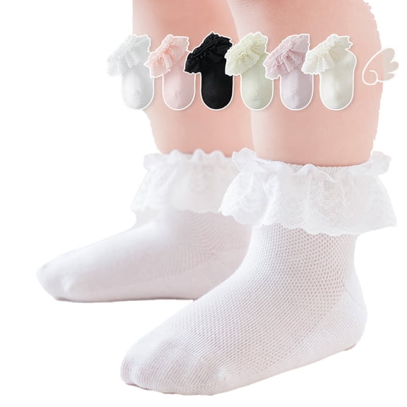 LYMAYTER 6 Pack ‌Toddler Socks Baby Girl Ruffle Socks for 0-12Y Kids Solid Color Versatile Dance Socks