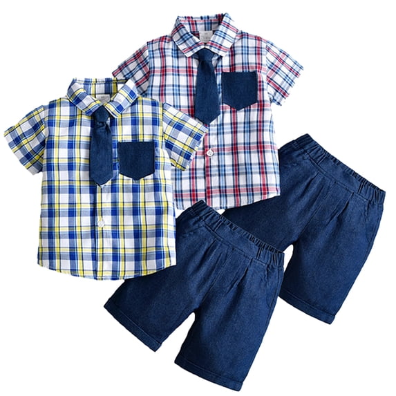 LYMAYTER 6M-4Y Toddler Baby Boys Short-Sleeve Button down Shirt and Shorts Set 2PCS Newborn Summer Plaid Shirt and Shorts with Tie Set
