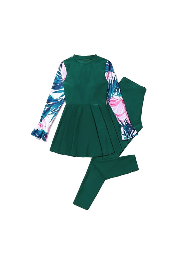 7-11Y Girls Swimwear Outfit for Youth Long Sleeve Swimsuits and Long Pants Two Pieces Set Kids Uv Protection Surf Bathing Bikini Suit Toddler Bathing Suit Bikini Set