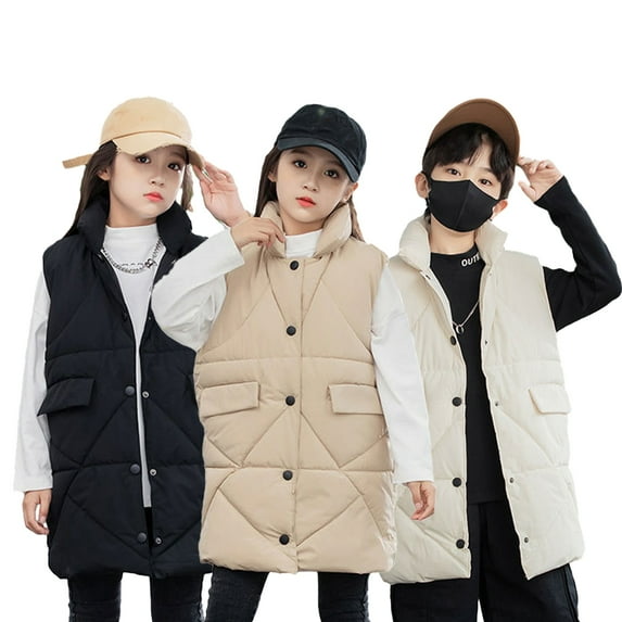 LYMAYTER 7-14 Years Boys Girls Winter down Vest Youth Puffer Mid-Length Warm Waistcoat for Kids Solid Color Sleeveless Jacket