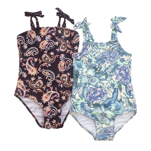 LYMAYTER Kids Girls Bikini One Piece Swimsuits Teenagers Hawaiian Beach Bathing Suit Summer Prints Backless Swimwear for 7-14 T