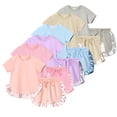 thumbnail image 1 of LYMAYTER 9M-7T Girls Summer Shorts Set for Baby Toddler 2PCS Short Sleeve Ruffle Cotton T-Shirt and Elastic Drawstring Shorts Pants Sets, 1 of 11