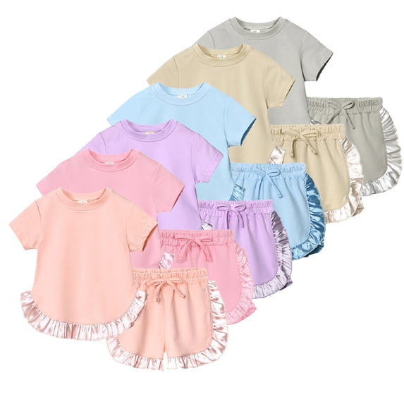 LYMAYTER 9M-7T Girls Summer Shorts Set for Baby Toddler 2PCS Short Sleeve Ruffle Cotton T-Shirt and Elastic Drawstring Shorts Pants Sets