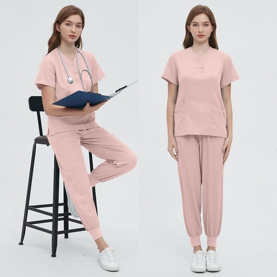 LYMAYTER Medical Uniform for Womens Solid Color Short Sleeve Hospital Duty Essentials Medical Uniform Set with Pockets