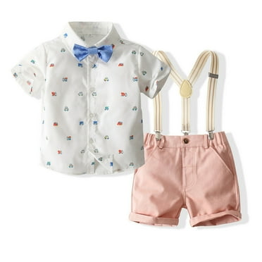 LYMAYTER Baby Boys Gentleman Shirt Outfit 3PCS Kids Toddler Solid Color Shirt with Bowknot + Suspender Shorts for 1-6 Y