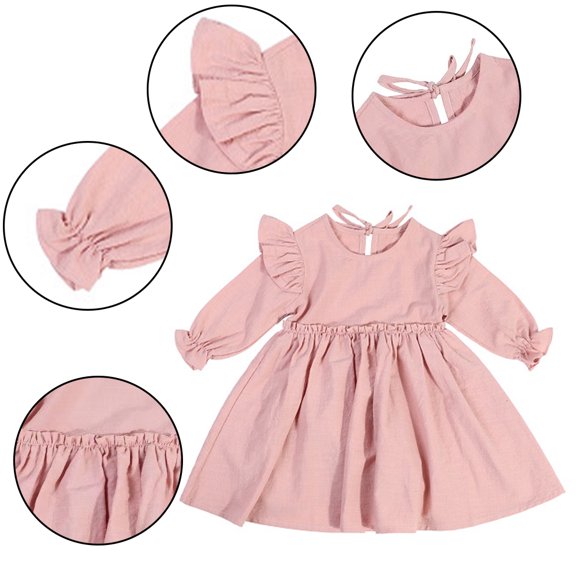 LYMAYTER Baby Girls Crewneck Dresses Spring Casual Solid Color Cotton Ruffle Dresses for Toddler 2-6 Years Old