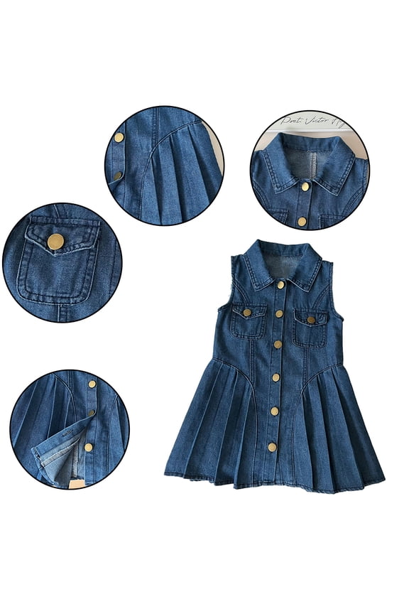 Baby Girls Denim Dress Sleeveless Buttons Up A-Line Flowy Swing - Pockets Kids Wear 2-8Y