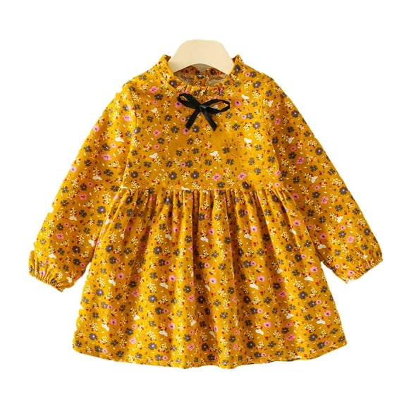 LYMAYTER Baby Girls Floral Princess Dress Kids Toddler Lace-Up Long Sleeve Dresses Spring Fall Cotton Sundress for 1-12Y