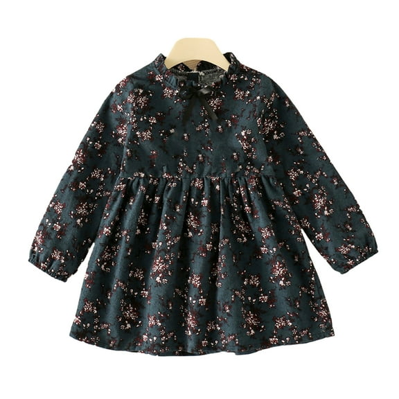 LYMAYTER Baby Girls Floral Princess Dress Kids Toddler Lace-Up Long Sleeve Dresses Spring Fall Cotton Sundress for 1-12Y
