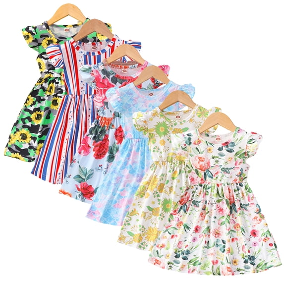 LYMAYTER Baby Infant Girls Casual Cotton Dresses Toddler Flutter Sleeve Floral Dress Swing Party Princess Skirt for 18M-6Y