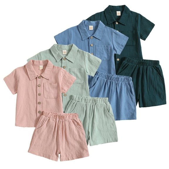 LYMAYTER Baby Kids Boys Cotton Linen 2PCS Outfit Toddler Casual Short Sleeve Button down Shirt and Shorts Set for 6m-4 Years