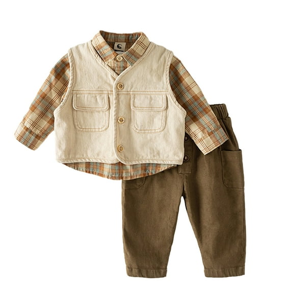 LYMAYTER Baby Kids Boys Denim Vest Outfits 3PCS Toddler Spring Fall Plaid Shirt Long Trousers Set for 9M-6 Years