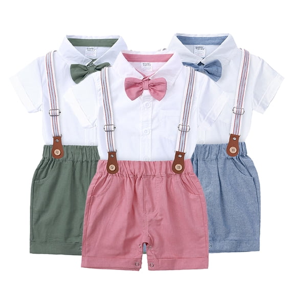 LYMAYTER Baby Newborn Boys Gentleman Outfits Suits 0M-3Y Infant Formal Short Sleeve Shirt+Bow Tie Overalls Suspenders Shorts Clothes Set