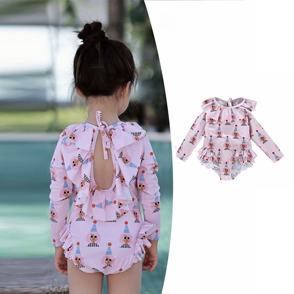 LYMAYTER Baby Toddler Girl Long Sleeve Ruffle Swimsuit One Piece Rash Guard Bathing Suit with 6M-8Y