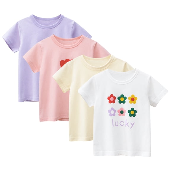 LYMAYTER Baby Toddler Short Sleeve T-Shirt for Girls,Kids 100% Organic Cotton Tee Crew Neck Flower Tees Shirts,Size 1-8Y