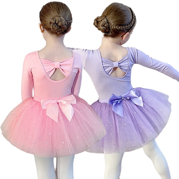 LYMAYTER Ballet Leotards for Girls Long Sleeve Skirted Leotards Toddler Glitter Ballet Dress 3Y-11Y