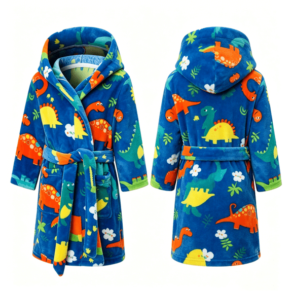 LYMAYTER Boys Bathrobe for 2-12Y Kids Dinosaur Pattern Sleep Robe Soft Warm Daily Leisure Robe