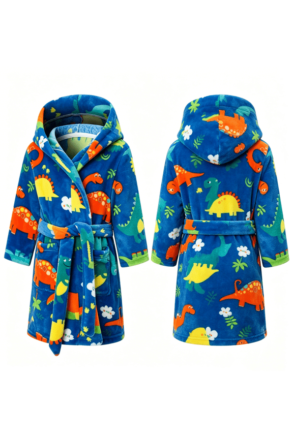Boys Bathrobe for 2-12Y Kids Dinosaur Pattern Sleep Robe Soft Warm Daily Leisure Robe