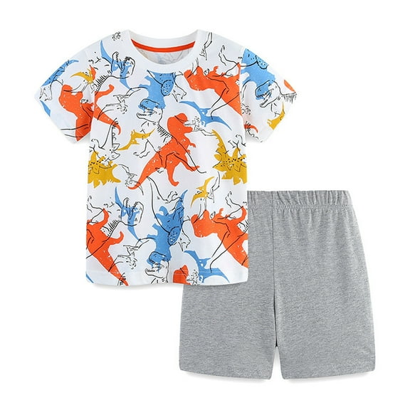 LYMAYTER Boys Girls Dinosaur 2PCS Set for Toddler Kids Cotton Dinosaur Short-Sleeve + Short Outfit,Sized 2-7T