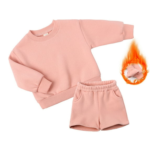 LYMAYTER Boys Girls Fleece Sweatshirt Shorts 2PcsOutfits for Kids Toddler Youth 1-14Y Spring Fall Winter Thick Tracksuits Top+ Shorts Set Neutral Hoodie Sweatsuit T-Shirt Pullover Sweat Suits