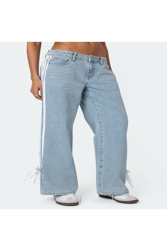 Casual Jeans for Women High Waist Boyfriend Denim Pants Side Striped Baggy Wide Leg Jeans S-XL