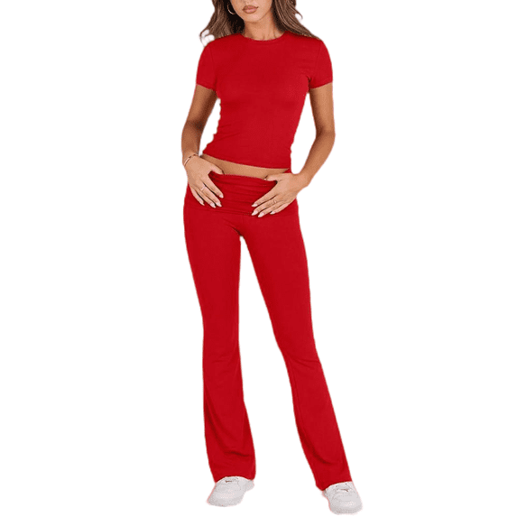 LYMAYTER Casual Outfits for Women Cozy 2 Piece Lounge Set Short Sleeve Crop Top Fold Over Flare Pants