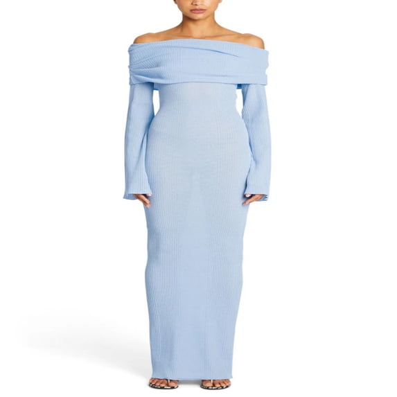 LYMAYTER Womens Knit Off Shoulder Crochet Maxi Dress Long Sleeve Mesh Beach Vacation Party Dresses