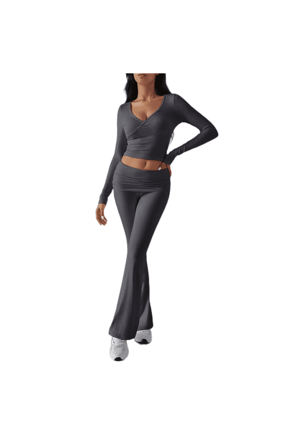 Casual Two Piece Set‌ for Women Breathable Long Sleeve V Neck Top Flare Legging Pants Tracksuits
