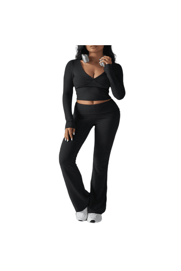 Casual Two Piece Set for Women Breathable Long Sleeve V Neck Top Flare Legging Pants Tracksuits