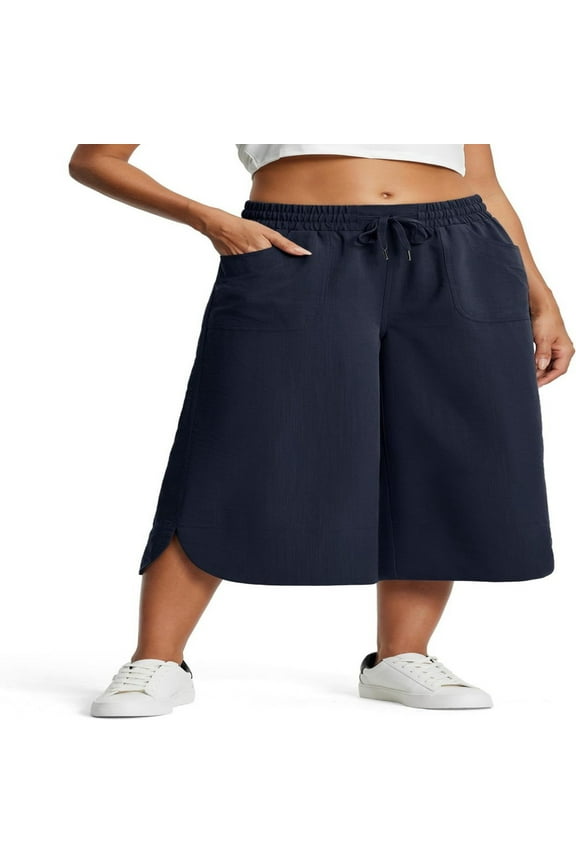 Cotton Linen Culottes Pants for Women Loose Wide Leg Casual Cropped Pants for S-3XL