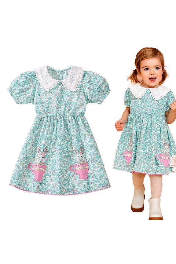 Cute Princess Dress for Toddler Girls Summer Doll Collar Floral Print Puff Sleeve Dress 2-7Y