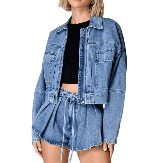LYMAYTER Denim Set for Women Casual Loose Drawstring Shorts Suit Lapel Long Sleeve Jeans Jacket Suit S-2XL