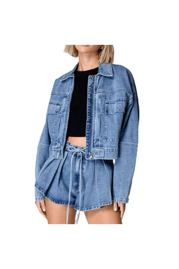 Denim Set for Women Casual Loose Drawstring Shorts Suit Lapel Long Sleeve Jeans Jacket Suit S-2XL