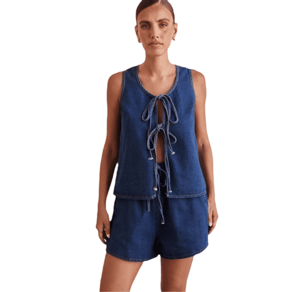 LYMAYTER Denim Shorts Set for Women Sleeveless Tie-Front Tank Suit Casual Comfortable Street Jean Set S-2XL