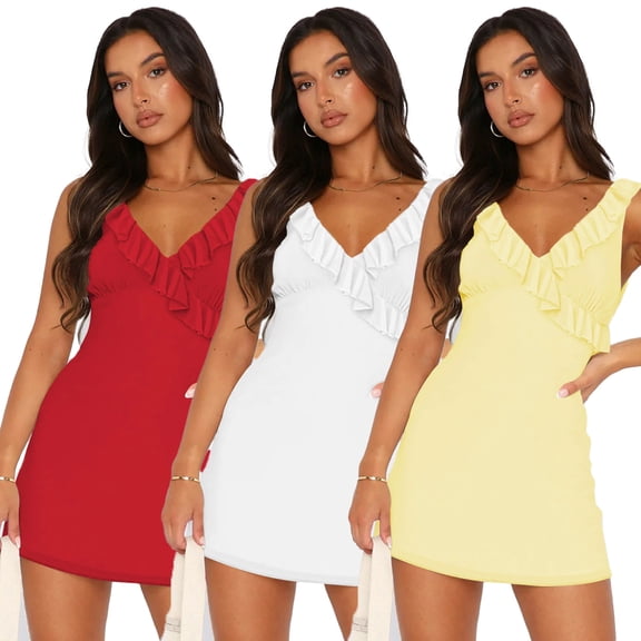 LYMAYTER Female V-Neck Slip Dress Comfort Slim Miniskirt for Women Solid Color Flounce Casual Dress