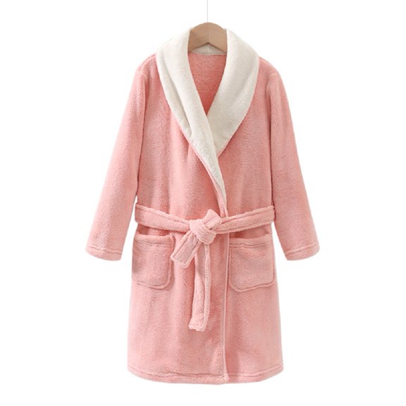 LYMAYTER Flannel Robe Pajamas for Kids Girls Boys Toddler Solid color Loungewear Bathrobe Youth Fall Winter Warm Robe 5-15 Years