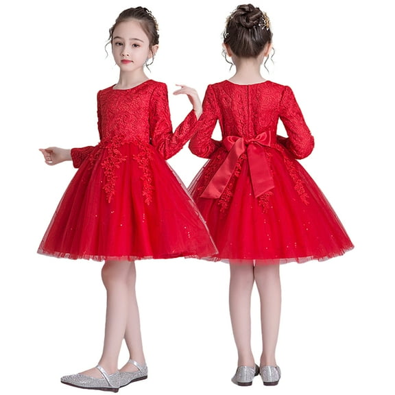 LYMAYTER Flower Girl Lace Princess Dresses Kids Baby Long Sleeve Wedding Evening Dress Toddler Spring Fall Birthday Party Gown for 3-12 T