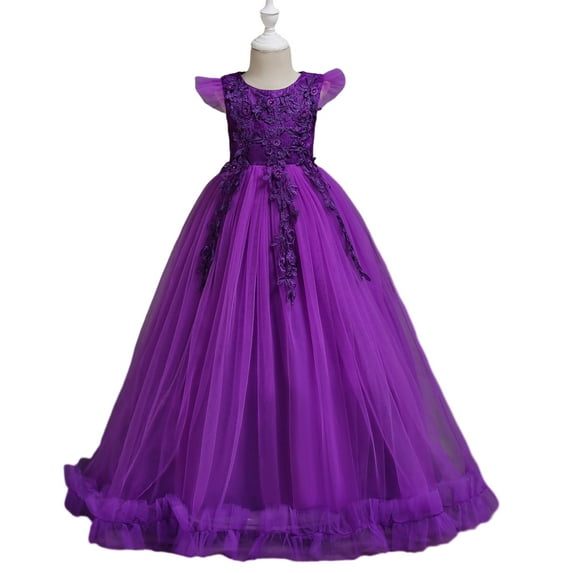 LYMAYTER Flower Girl Lace Princess Dresses Teenagers Tulle Wedding Evening Dress Little Girls Short Sleeve Printed A-Line Party Gown for 2-14 T