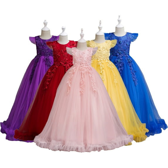 LYMAYTER Flower Girl Lace Princess Dresses Teenagers Tulle Wedding Evening Dress Little Girls Short Sleeve Printed A-Line Party Gown for 2-14 T
