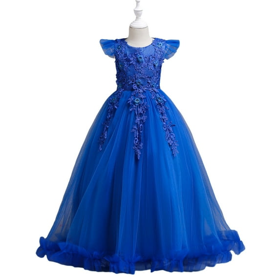 LYMAYTER Flower Girl Lace Princess Dresses Teenagers Tulle Wedding Evening Dress Little Girls Short Sleeve Printed A-Line Party Gown for 2-14 T