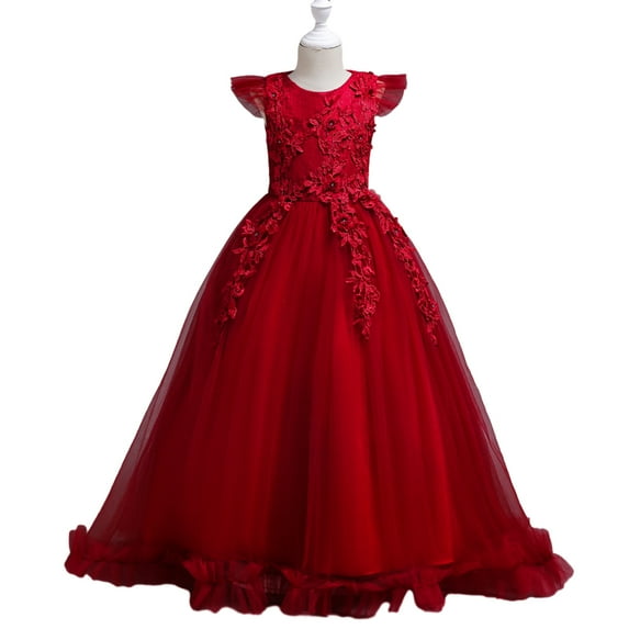 LYMAYTER Flower Girl Lace Princess Dresses Teenagers Tulle Wedding Evening Dress Little Girls Short Sleeve Printed A-Line Party Gown for 2-14 T