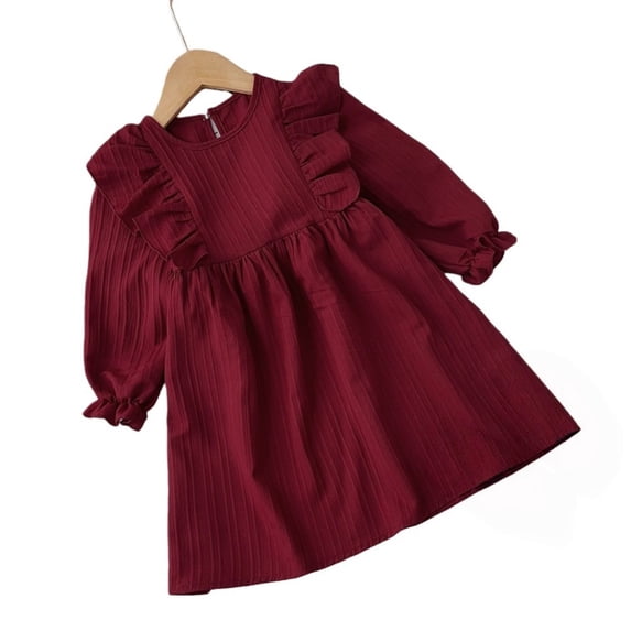 LYMAYTER Girl Spring Autumn Dress Solid Color Round Neck Long Sleeve Dresses Kids A Line Swing Dress 2-7Y